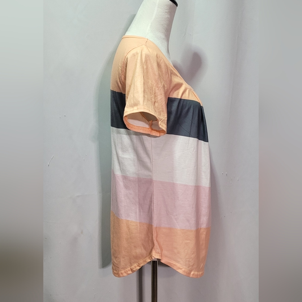 Women's Orange Colorblock Square Neck Pleated Short Sleeve Top Size Small - Picture 4 of 6